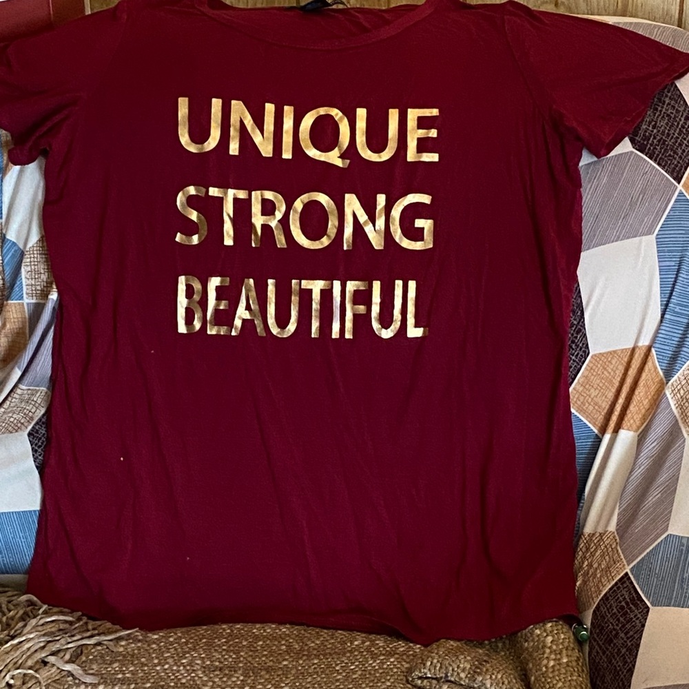 Ashley Stewart Burgundy Tee with Gold Text